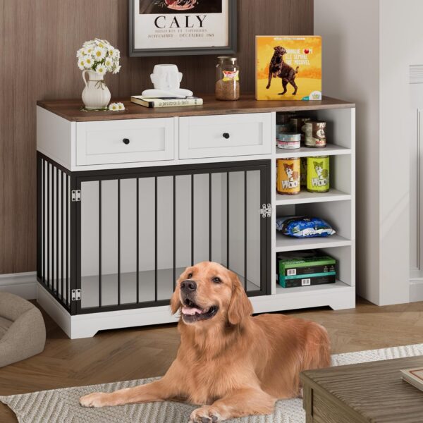 Dog Crate Furniture 47”, Large Dog Crate with 2 Drawers and 4 Shelves, Wooden Heavy Duty Dog Crate, Decorative Dog Indoor Kennel Furniture Indoor with Storage, White - Image 3