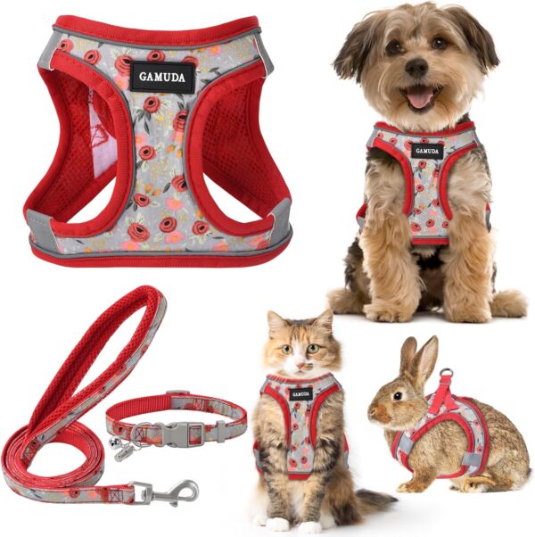 GAMUDA Small Dog Harness Collar and Leash Set, Step in No Chock No Pull Soft Mesh Adjustable Dog Vest Harnesses Plaid Reflective for Dogs Puppy Cats Kitten Rabbit (Red Flower, S)