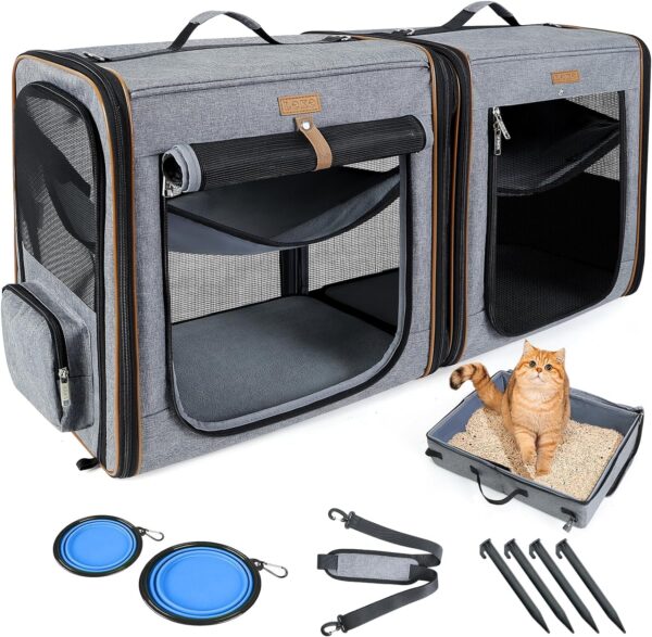 Lekereise 2-in-1 Cat, Dog Carrier for Small Medium Large Pets up to 35 Lbs, (17.7"*2)*16.5"*13" Car Travel Carrier with Litter Box, Bowl, and Locking Zipper - Dark Gray