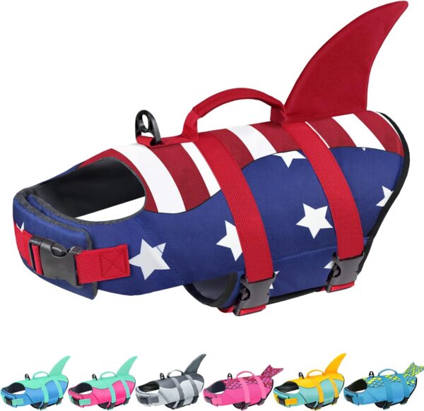 Malier Dog Life Jacket, High Buoyancy Shark Swimsuit, Ripstop American Flag, Medium, Red & Dark Blue