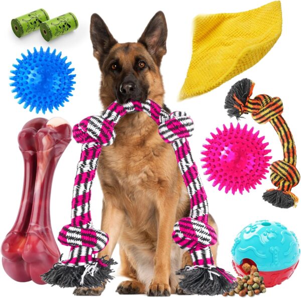 Zeaxuie Heavy Duty Various Dog Chew Toys for Aggressive Chewers - 9 Pack Value Set includes Large Rope Toys, Squeaky Toys & Indestructible Chew Bone for Medium, Large & X-Large Breeds Dogs