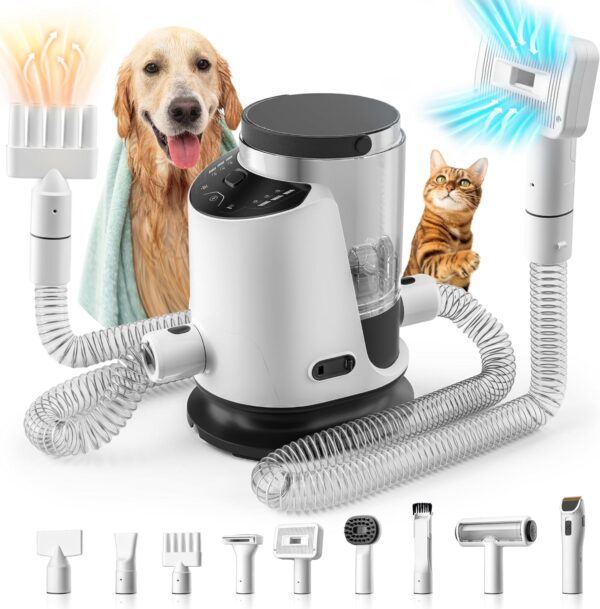 Dog Grooming Vacuum & Pet Hair Dryer & Dog Electric Clippers Suction 99% Pet Hair, Large Capacity Dog Vacuum with 9 Grooming Tools, Quiet, Adjustable Airflow and Temperature, UL