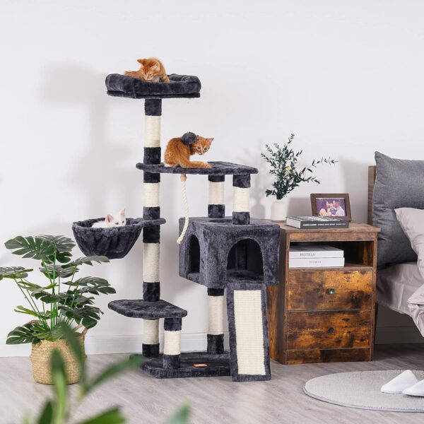 Heybly Cat Tree, Cat Tower for Indoor Cats with Scratching Board, Multi-Level Cat Furniture Condo with Feeding Bowl Smoky Gray HCT010G - Image 3