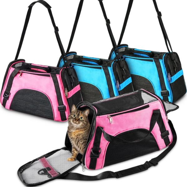 4 Pcs Cat Carrier Soft Pet Carrier for Cat Under 13lbs, 16.9'' x 11'' x 7.5'', Soft Sided Foldable Comfortable and Portable Carrying Bag for Cat, Small Dog Pet Travel(Rose Red, Blue)