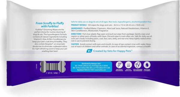 Vetnique Labs Furbliss Hygienic Pet Wipes for Dogs & Cats, Cleansing Grooming & Deodorizing Hypoallergenic Thick Wipes with All Natural Deoplex Deodorizer (Unscented, 100ct Pouch) - Image 4