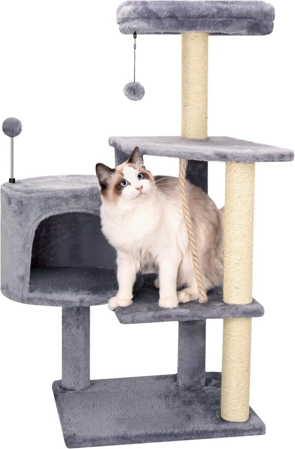 TINWEIUS Multifunctional Cat Tree for Indor Cats, Cat Tower with Cozy Condo, Perches, Scratching Posts and Hanging Rope, Grey - Image 4