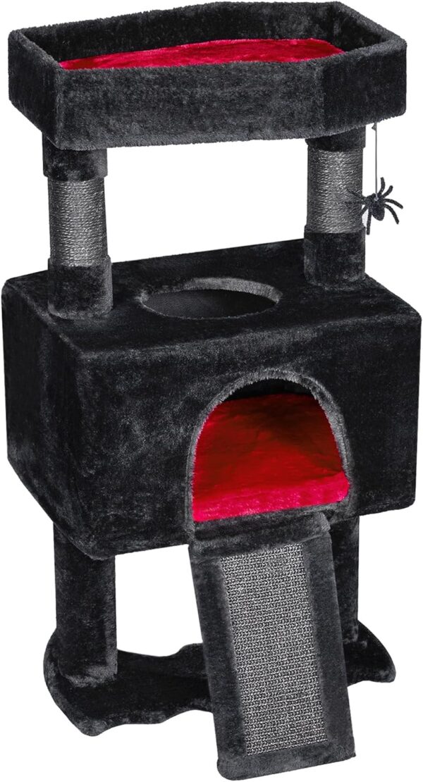 BEWISHOME Gothic Cat Tree with Coffin Cat Bed Goth Cat Tower Coffin Cat Tree with Spacious Cat Condo, Soft Cushion, Scratching Post, Spider Hanging Ball Halloween Black Red Pet Furniture MMJ95R