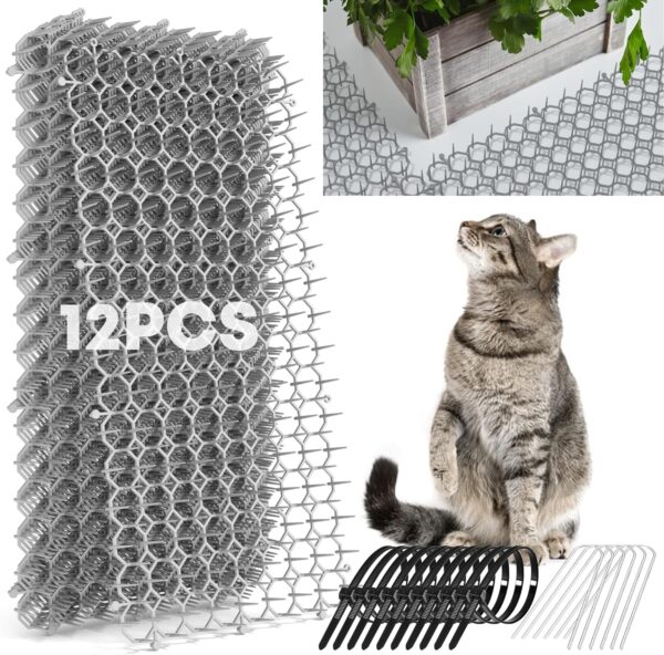 12 Pack Scat Mat for Cats - 16 x 8 Inch Cat Deterrent Mat with Spikes with 1 Inch Spikes, 6 Garden Staples & 10 Zip Ties. Pet Training Mat for Cat Repellent Indoor & Outdoor