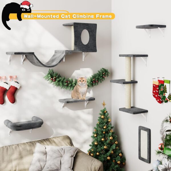 Cat Wall Shelves, 6 Pcs Luxury Wall-Mounted Cat Climber Set, Indoor Cat Furniture with 1 Cat Condos House, 2 Cat Wall Shelves, 1 Cat Scratching Post, 1 Cat Bridge Ladder (BLACK) - Image 2