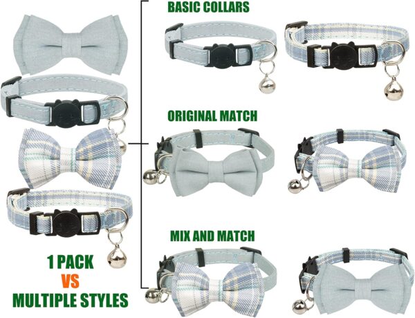 Cat Collar Breakaway Bowtie Safety with Bell Adjustbale Kitten Puppy Solid Plaid Color Set D-[2pcs] Blue - Image 2