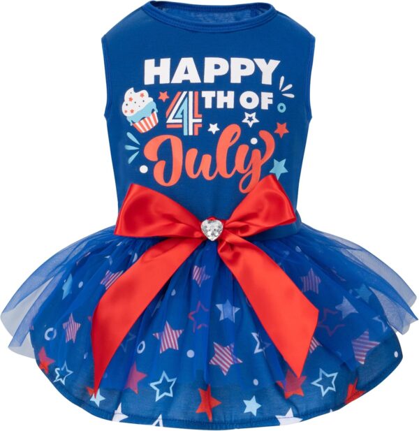 cyeollo 4th of July Dog Dress Independence Day Dog Clothes Dog Tulle Skirts for Small Dogs Holiday Pet Outfits with Bowtie Patriotic Pet Apparel, Blue, L