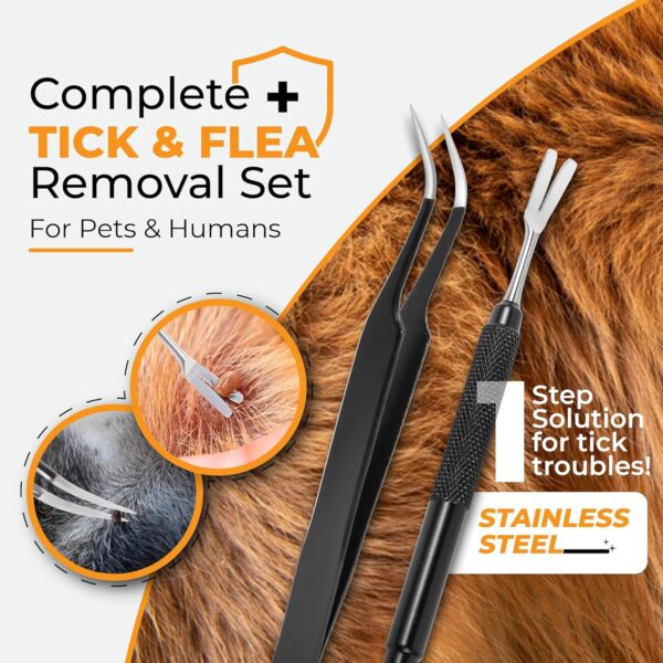 Premium Tick Removal Tool, Perfect Tick Remover for Dogs Cats &Humans, Safe Tick Control Puller, with Precision Fine Point Tip Curved Tweezers Set, Meet Various Needs, Stainless Steel- 2 Sets - Image 2