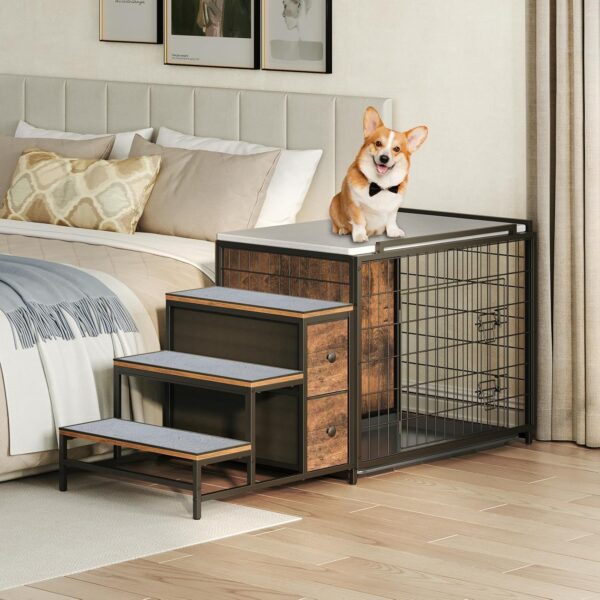 Dog Crate Furniture, 53.1" Wooden Dog Kennel with Storage Drawers and Pull-Out Tray, Dog Window Perch with Steps and Bed, Heavy Duty Dog Cage for Small/Medium Dogs, Rustic Brown DCHR11101 - Image 3