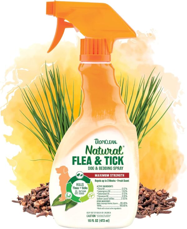 TropiClean Natural Flea and Tick Spray for Dogs & Bedding | Maximum Strength Flea Spray for Home | Family Friendly & Safe | Made in the USA | 16 oz.