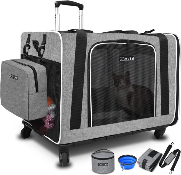 Large Pet Carrier with Wheels 24"x17"x17" for Large Cats, Pet Carrier for 2 Cats or Medium Dog, Cat Carrier for Car Travel with Litter Box and Bowl, Cat Soft Carrier with Locking Zipper(Grey)