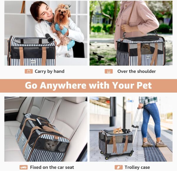 Lekereise Cat Carrier with Wheels for Small Pet, Airline Approved Dog Carrier with Wheels, Rolling Dog Cat Carrier, Stripes - Image 6