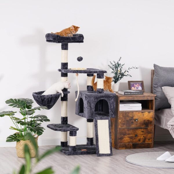 Heybly Cat Tree, Cat Tower for Indoor Cats with Scratching Board, Multi-Level Cat Furniture Condo with Feeding Bowl Smoky Gray HCT010G - Image 9