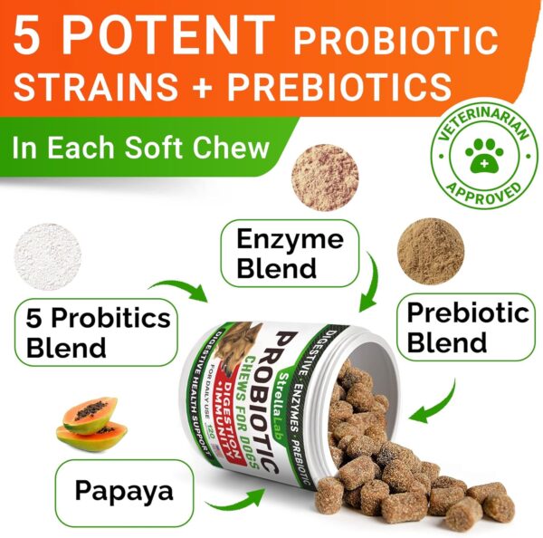 StrellaLab Pet Probiotics for Dogs & Digestive Enzymes + Digestion & Gut Health Treats, Dog Probiotics Chews, Fiber Supplement, Anti Diarrhea, Constipation, Upset Stomach&Gas Relief, Canine Prebiotic - Image 3