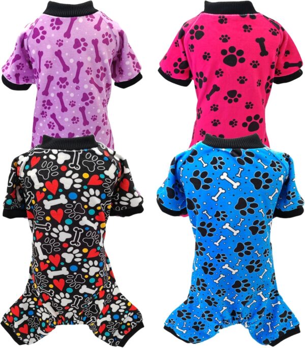 PET SHOW 4 Pack Small Dog Pajamas Paw Bone Patterns Cute Clothes for Medium Dogs Soft Stretchy PJs 4 Legged Jumpsuit Puppy Cats Onesies Outfits with Sleeve Dachshund Doggies Girl Boy (Small)