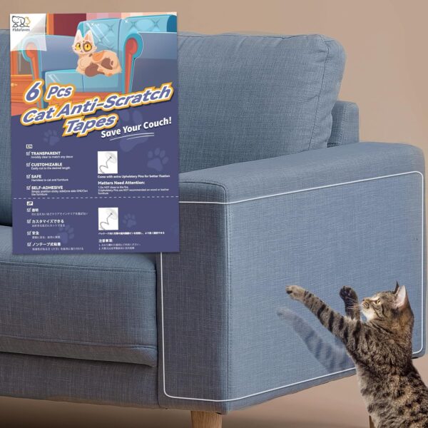 Double Thick Cat Scratch Furniture Protector - Fldofaves 6Pcs Anti Scratch Furniture Protector with 30 Pins, Clear Couch Protector from cat Claws for Couch and Fabric.