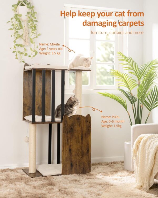 43.8in 3-Tier Modern Cat Tree Tower Condo, Cat Scratch Posts for Indoor Cats, Big Plate, Two 19.7in Full Sisal Scratching Posts, Rustic Brown - Image 2