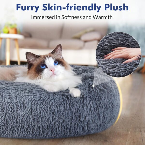 rabbitgoo Cat Beds for Indoor Cats, 20 inches Cat Bed Machine Washable, Fluffy Round Pet Bed Non-Slip, Calming Soft Plush Donut Cuddler Cushion Self Warming for Small Dogs Kittens, Dark Grey, Medium - Image 2