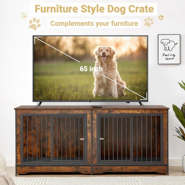 75'' Double Dog Crate Furniture for 2 Large Dogs, Heavy Duty Dog Crate, Furniture Style Dog Crate End Table, Wood Crates for Dogs Kennel Indoor, Decorative Dog Crate with Double Door, Brown - Image 5