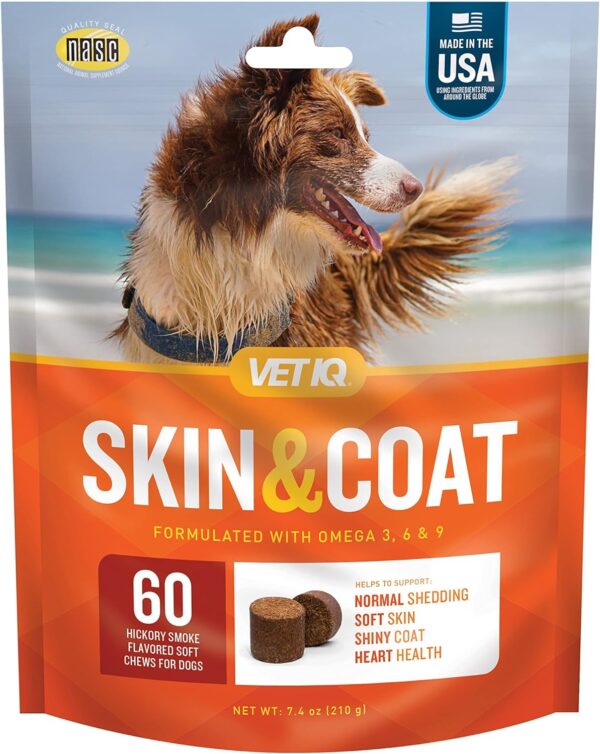 VetIQ Skin and Coat Supplement for Dogs, Helps Maintain Healthy Skin and Shiny Coat, Hickory Smoke Flavor Dog Chew, Made in The USA, 60 Count