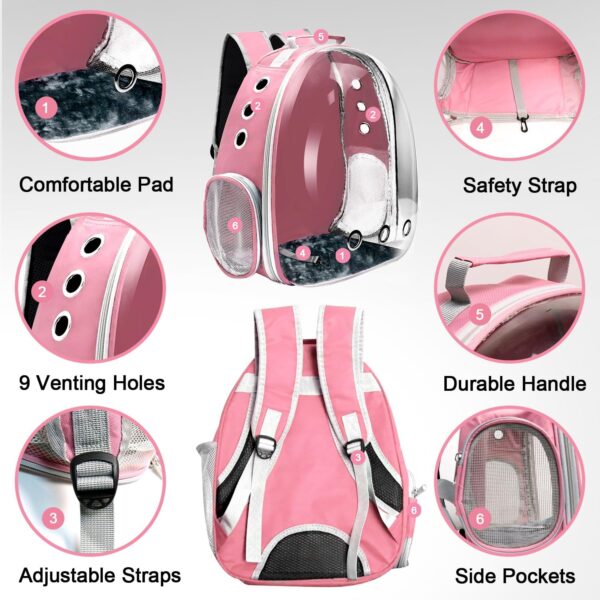 Cat Backpack Carrier, Pet Cat Carrier with Ventilated Design for Carrying Puppy Cats, Pet Carrier Back Pack Bag Space Capsule for Traveling/Hiking/Camping/Outdoors (Pink) - Image 3