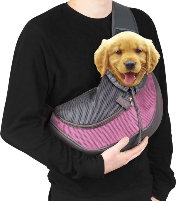 Dog Sling Carrier for Small Dogs - Breathable Mesh Puppy Travel Bag with Adjustable Strap, Zipper Touch Pocket- Perfect Pet Sling for Outdoor, Travel- Keep pet Comfortable (0-15lb, Pink)