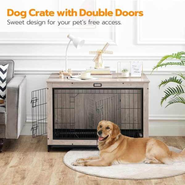 HOOBRO Dog Crate Furniture, 38.6" Large Dog Kennel Indoor, Wooden Dog Crate with Pull-Out Tray, Double Doors Dog House, Modern Side End Table for Small/Medium/Large Dog, Greige BG982GW03 - Image 2