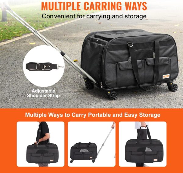 VEVOR Large Dog Cat Carrier with Wheels for upto 35lbs, Rolling Pet Carrier with Detachable Rod Platform and Upgraded Wheels, Foldable Dog Travel Carrier with Detachable Trolley&Upgraded Wheels, Black - Image 5