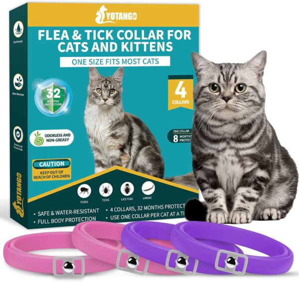 4 Pack Flea Collar for Cats, Cat Flea and Tick Collar 8 Months Cat Flea Collar Treatment Prevention, Adjustable Waterproof Cat Flea Collar Kitten Natural Tick and Flea Collar for Cat (Pink&Purple)