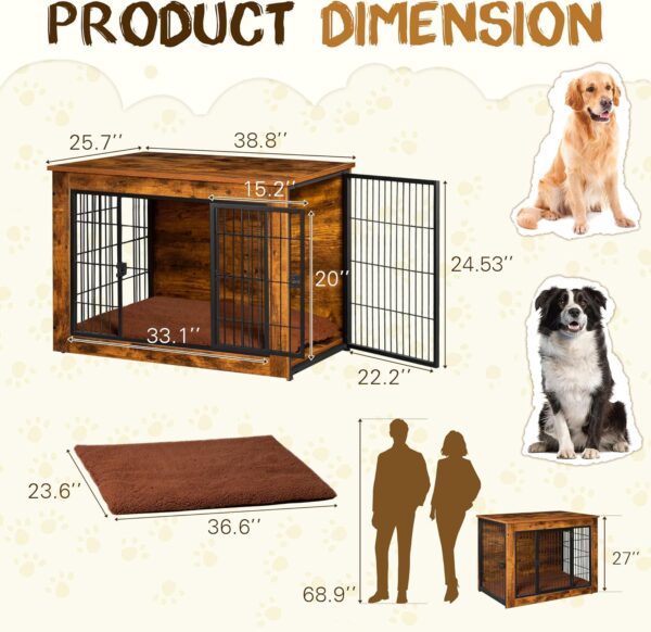 Dog Crate Furniture with Thick Cushion, Side End Table Wooden Dog Cage with Double Doors, Chew-Resistant Dog Kennel Dog House Indoor for Small to Large Dog, L - Image 5