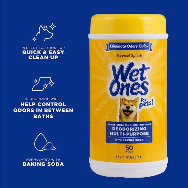 Wet Ones for Pets Deodorizing Multi-Purpose Dog Wipes With Baking Soda | Dog Deodorizing Wipes For All Dogs in Tropical Splash Scent, Wet Ones Wipes for Deodorizing Dogs | 50 Ct Cannister Dog Wipes - Image 2