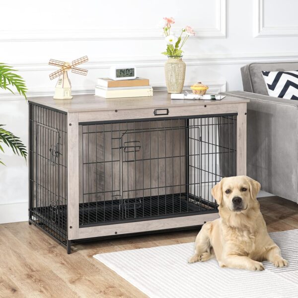 HOOBRO Dog Crate Furniture, 38.6" Large Dog Kennel Indoor, Wooden Dog Crate with Pull-Out Tray, Double Doors Dog House, Modern Side End Table for Small/Medium/Large Dog, Greige BG982GW03 - Image 8