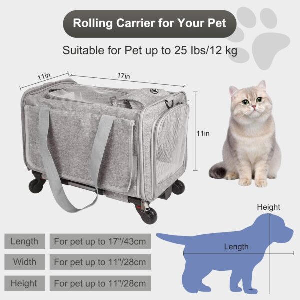 Cat Carrier with Wheels Airline Approved, Designed for Dogs & Cats with Wheels for Up to 25 LBS(Upgrade Material-Sponge Filling) with Telescoping Handle for Walking Travel Vet Visits (Grey) - Image 5