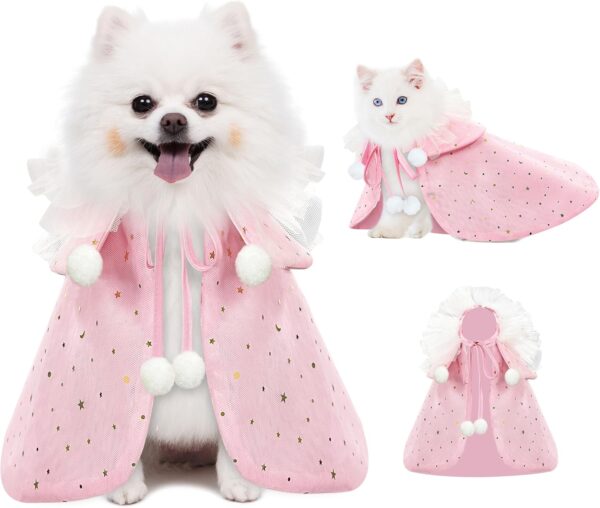 Pet Wedding Costume for Cat Small Dogs, Sparkly Cat Clothes Tulle Cloak for Puppy Kitten, Halloween Dog Outfit Suit for Party Holiday Christmas, Pink