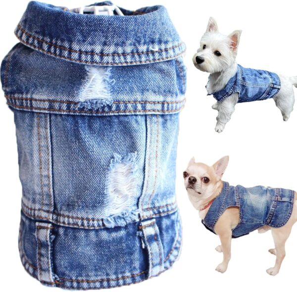 Dog Jean Jacket, Blue Denim Lapel Vest Coats Classic Pet Shirt Cute Girl Boy Dog Puppy Clothes, Comfort and Cool Costume, Dog Outfit for Small Medium Dogs Cats Kitten, Washed Apparel (Blue, Small)