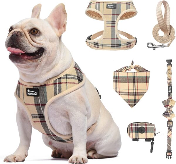 MINA&CO Dog Harness for Small Dogs No Pull - Adjustable Mesh Puppy Harness and Leash Set, Harness Medium Size Dog, Puppy Collar and Leash Set with Bandana & Poop Bag, Dog Vest Harness (Beige, XSmall)