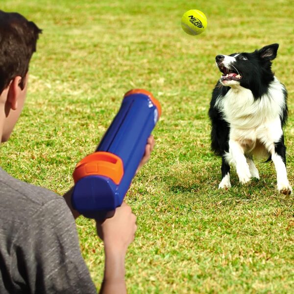 Nerf Dog Compact Tennis Ball Blaster Gift Set with 3 Balls, Great for Fetch, Hands-Free Reload, Launches up to 50 ft, Single Unit, includes 3 Nerf Balls, 4791, Translucent Blue - Image 2