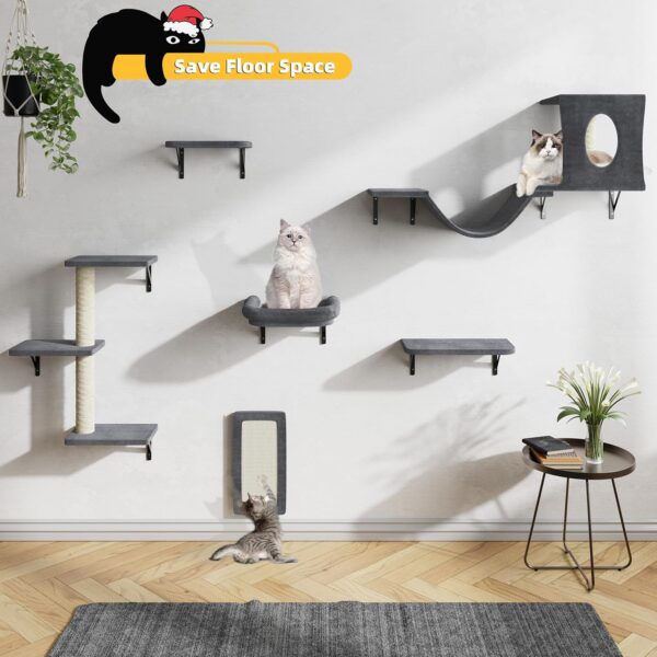 Cat Wall Shelves, 6 Pcs Luxury Wall-Mounted Cat Climber Set, Indoor Cat Furniture with 1 Cat Condos House, 2 Cat Wall Shelves, 1 Cat Scratching Post, 1 Cat Bridge Ladder (BLACK) - Image 3