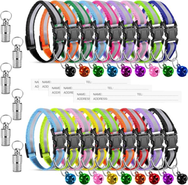 18 Piece Reflective Cat Collars with Bell Adjustable Durable Nylon Cat Collars with Safety Buckles and 6 Piece Weatherproof Metal ID Tags Pendant Anti-Lost ID Tags for Puppy Kittens