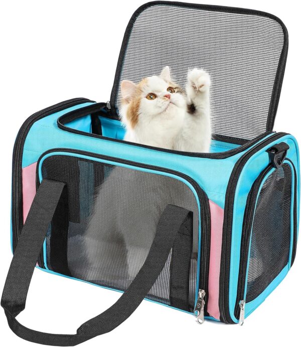 Discala Cat Dog Carrier Up to 15 Lbs TSA Airline Approved Pet Carrier for Small Medium Cats Puppies Dog Carriers for Small Dogs Collapsible Soft Sided Cat Travel Carrier - Blue&Pink 15.7"x10.2"x10.2"