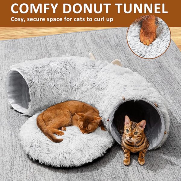 Cat Tunnel with Cat Bed for Indoor Cats, Soft Plush Peekaboo Cat Cave Donut Tunnel, Multifunctional Cat Playground Toys Hideplace for Small Medium Large Cats, Kittens, Rabbit, Ferret (Grey) - Image 3