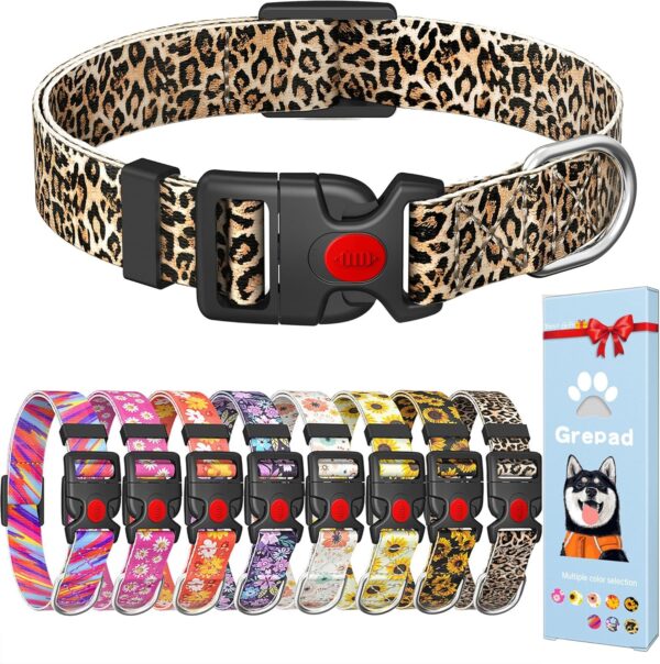 Cute Floral Dog Collar for Small Medium Large Dogs,Girl Female Dog Collars Soft Patterns Adjustable Pet Collar with Quick Release Safety Buckle for Puppy Breed Boy Dogs,Leopard,L