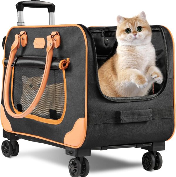 Large Cat Carrier with Wheels, Rolling Cat Carrier, Pet Carrier with Wheels for Large Cats Small Dogs up to 38 LBS, Foldable and Breathable Ideal for Travel, Walking and Camping(NOT for TSA)