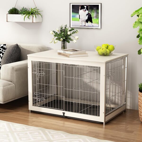 Piskyet Wooden Dog Crate Furniture with Divider Panel, Dog Crate End Table with Fixable Slide Tray, Double Doors Dog Kennel Indoor for Dogs(L:37.8" L*25.1" W*26.3" H,White) - Image 2