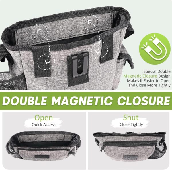 Large Dog Treat Pouch for Training with Magnetic Closure, Portable Dog Walking Fanny Pack Built-in Poop Bag Dispenser and Multiple Pockets, Includes Waist Belt Clip, Adjustable Shoulder Strap (Grey) - Image 4