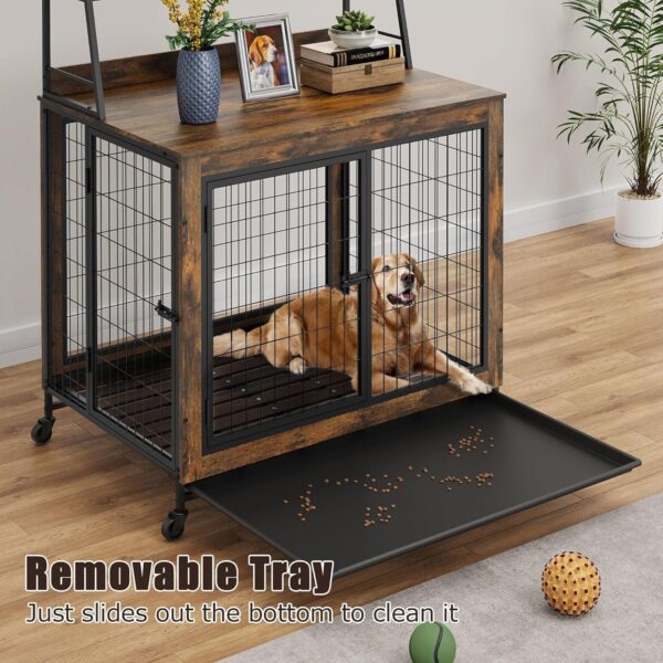 Dog Crate Furniture Table, 37.9 Inch Dog Kennel with Shelves and Removable Tray, Double Doors Heavy Duty Dog Cage, Indoor Wooden Pet Crate with Wheels for Medium Large Dogs, Rustic Brown - Image 2